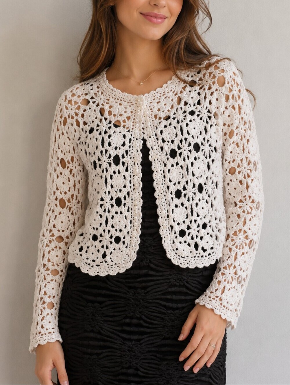 VINTAGE White Crochet Pearl Peekaboo Cottagecore Cardigan Sweater